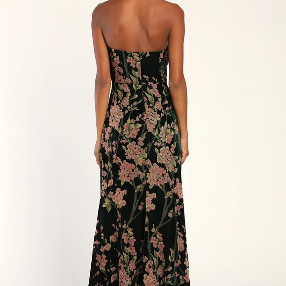 Lulu's | Dresses | Lulus Bloom In Mind Emerald Floral Print Velvet  Strapless Maxi Dress | Poshmark